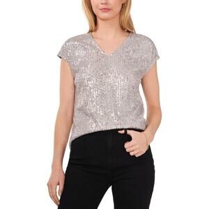 New Vince Camuto Women's Top Sequined Dolman Sleeve V-Neck Blouse Silver Size M